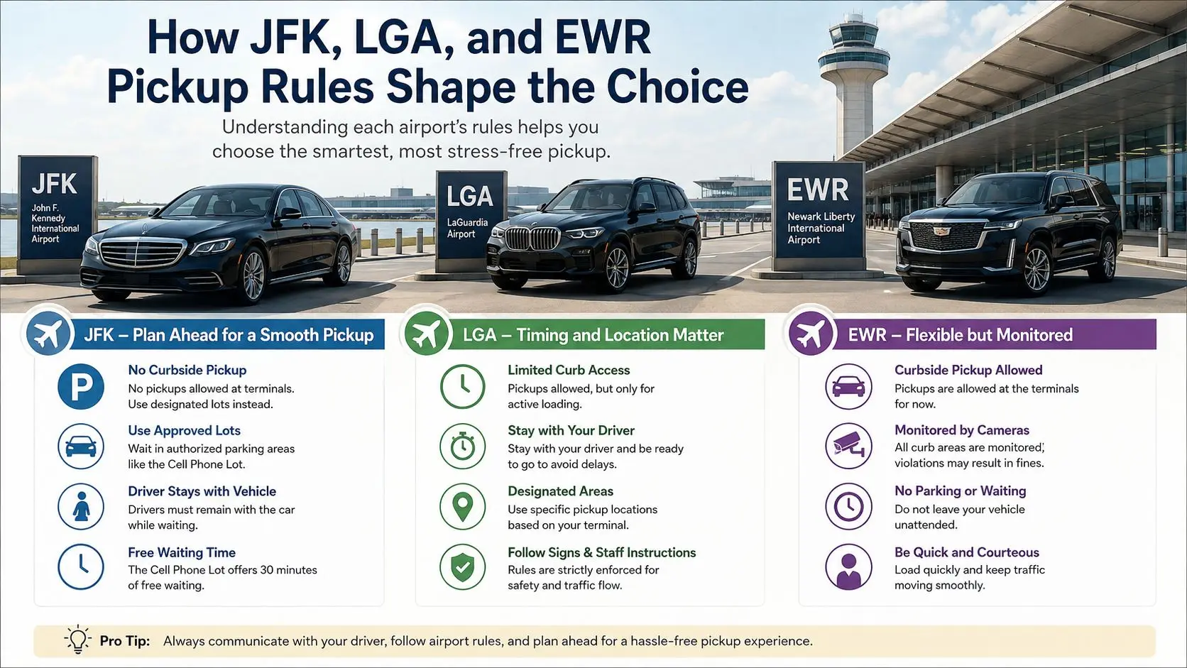 An infographic detailing pickup rules for JFK, LGA, and EWR airports to help travelers plan their limousine service.