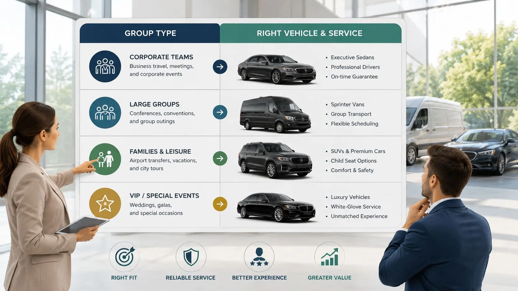 A professional business presentation chart showing vehicle and transport service options for various group types.