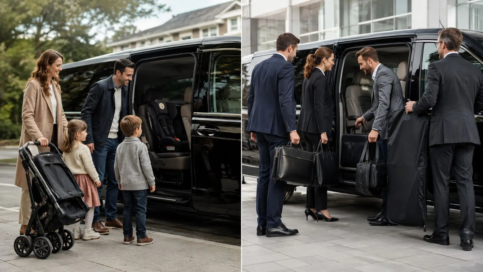 A split-screen view showing a family near a van and business professionals loading luggage into a vehicle.