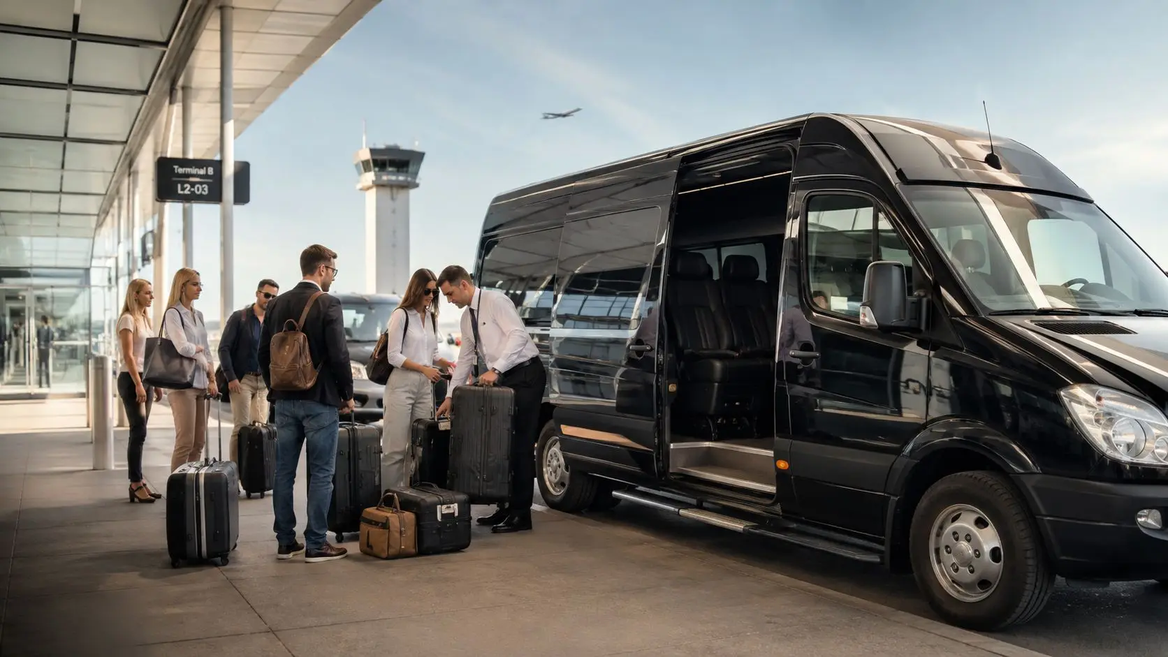 A professional chauffeur loading luggage from travelers into a luxury black van at the airport terminal.