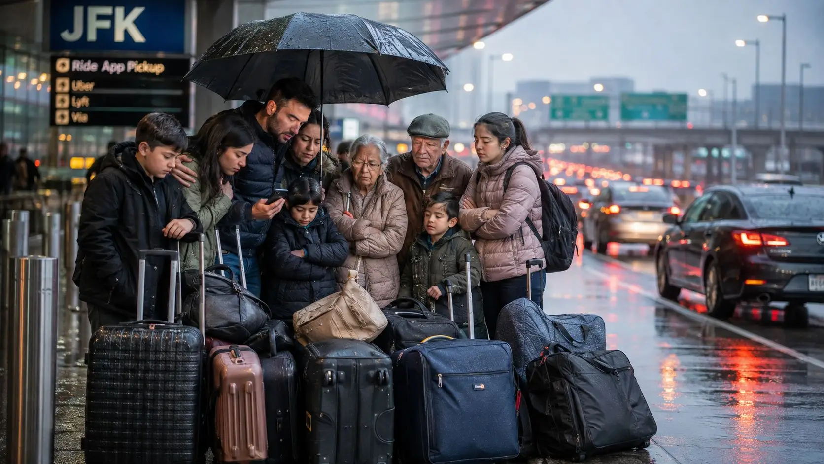 A multi-generational family stands under an umbrella waiting at the JFK airport ride app pickup area.