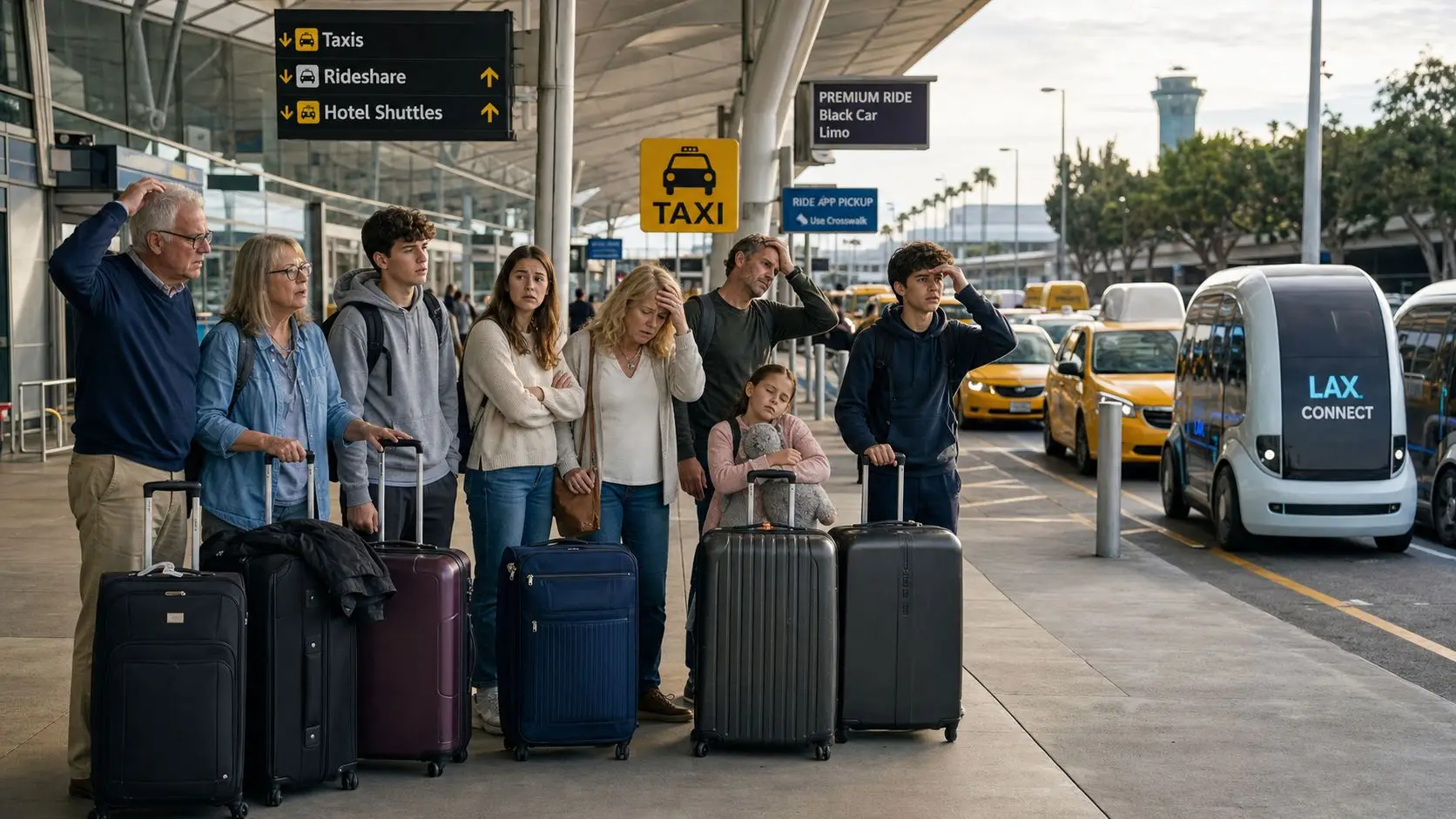 A family of seven waits on a sidewalk at an airport with luggage near an autonomous shuttle.
