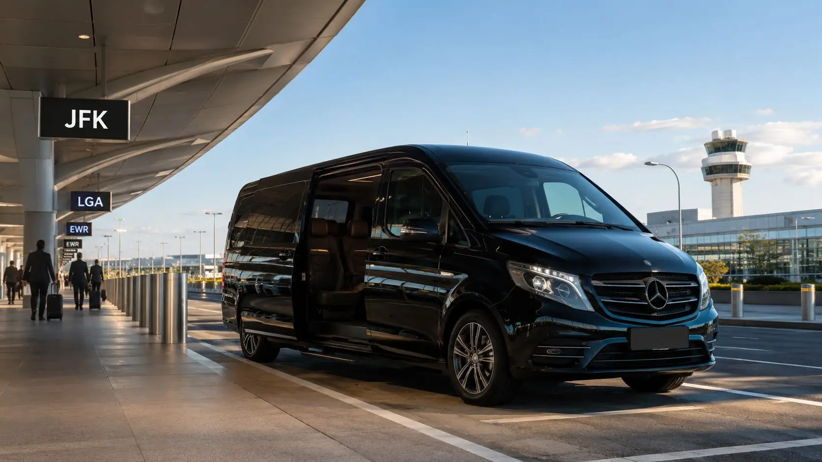 A black luxury Mercedes-Benz van parked at a modern airport terminal pickup area with travelers nearby.