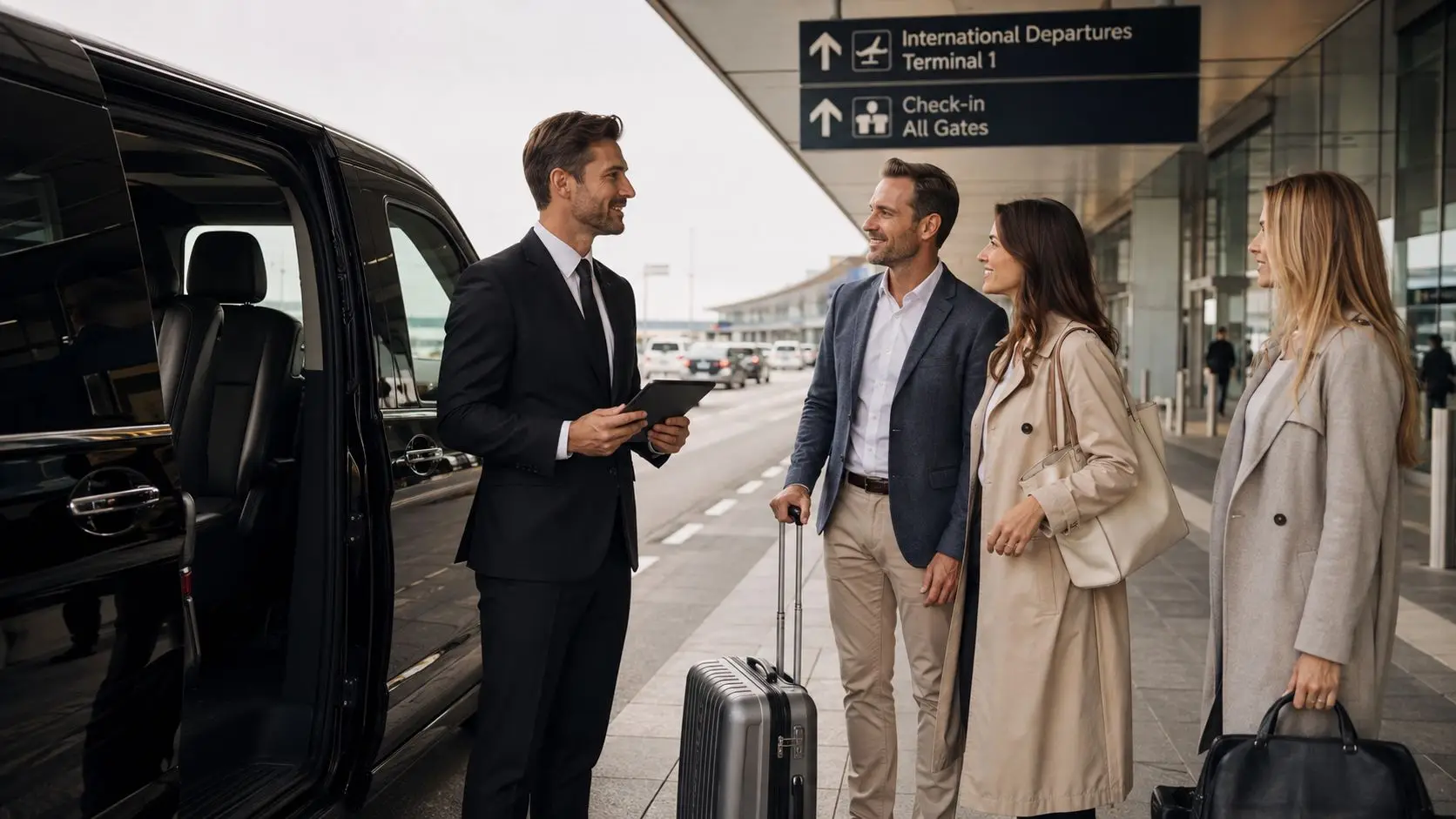 A professional chauffeur greeting a stylish couple with luggage outside an airport terminal near a luxury van.
