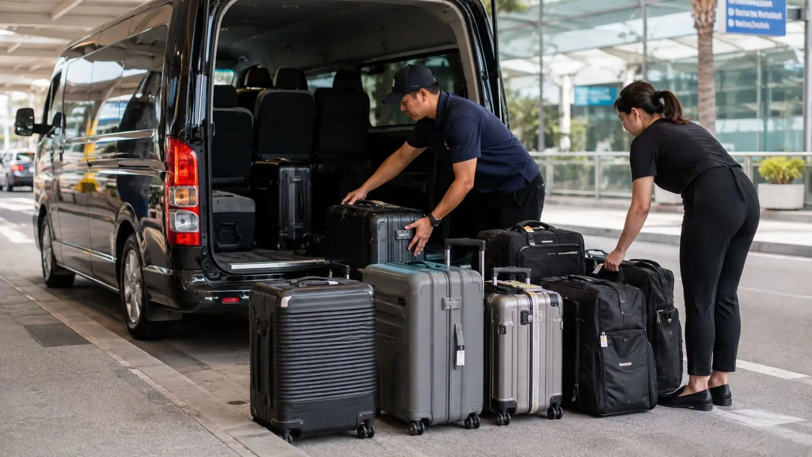 A professional driver and an assistant unloading luggage from a black airport transfer van.