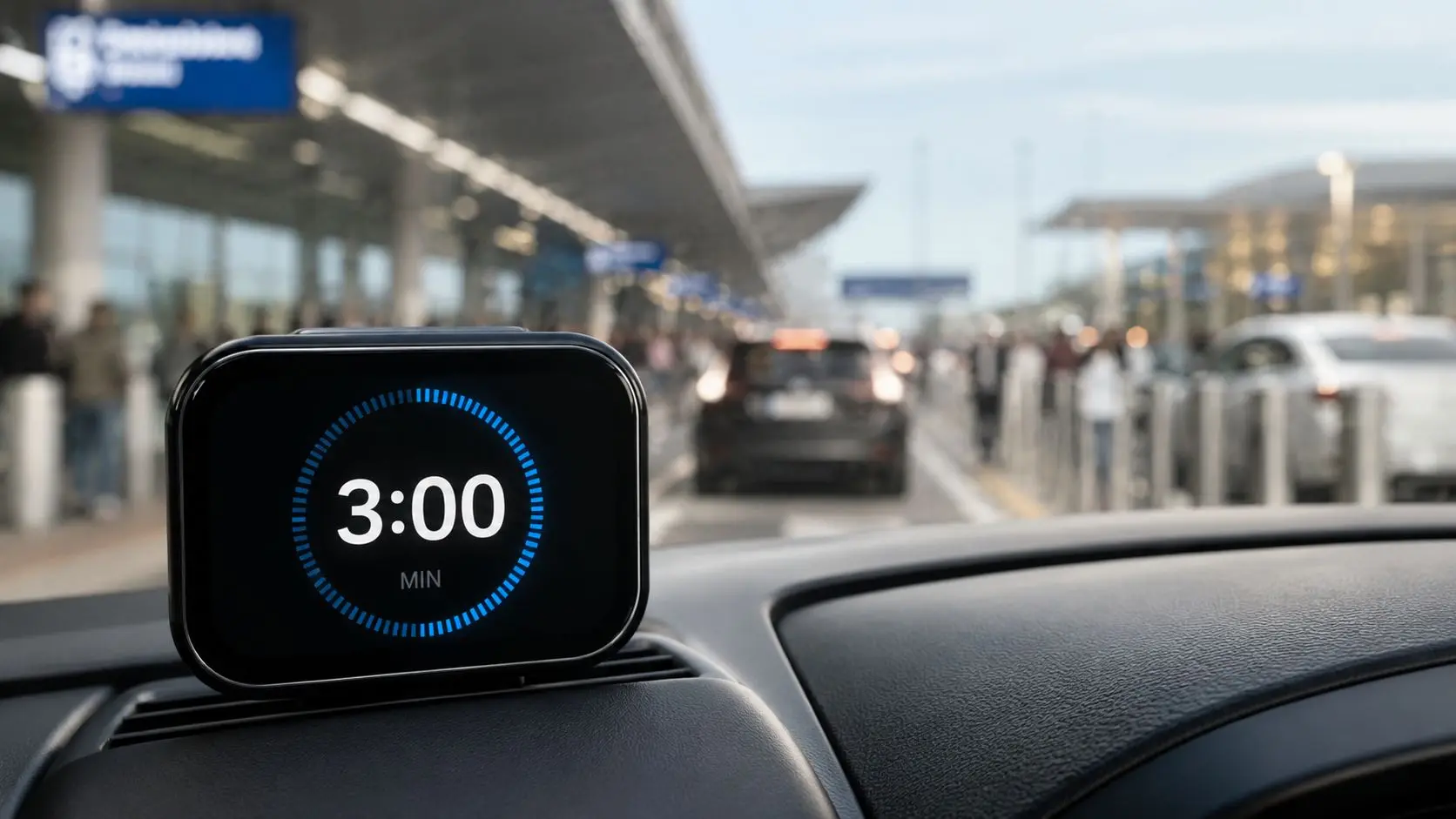 A digital timer showing 3 minutes displayed on a dashboard inside a car at an airport terminal.