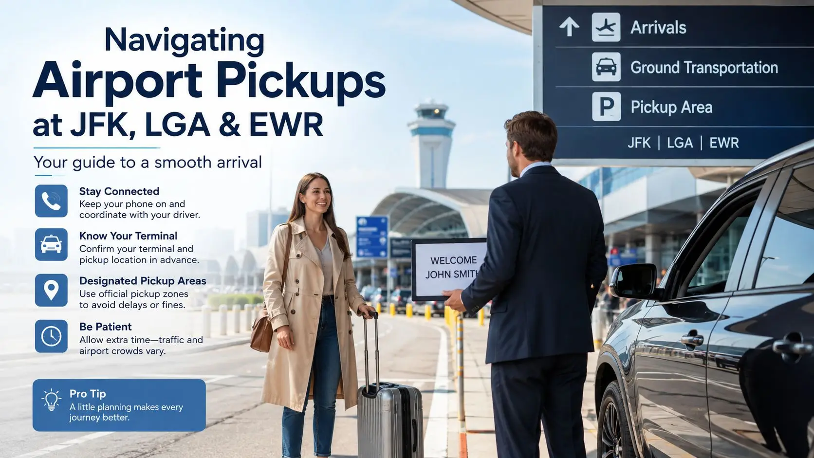 A professional driver greets a female passenger with a welcome sign at an airport pickup area.