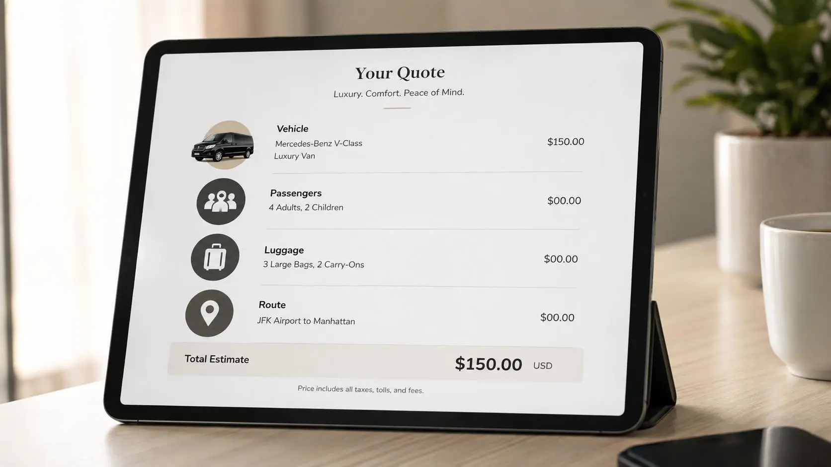 A tablet screen displaying a luxury airport car service quote for a Mercedes-Benz V-Class van.