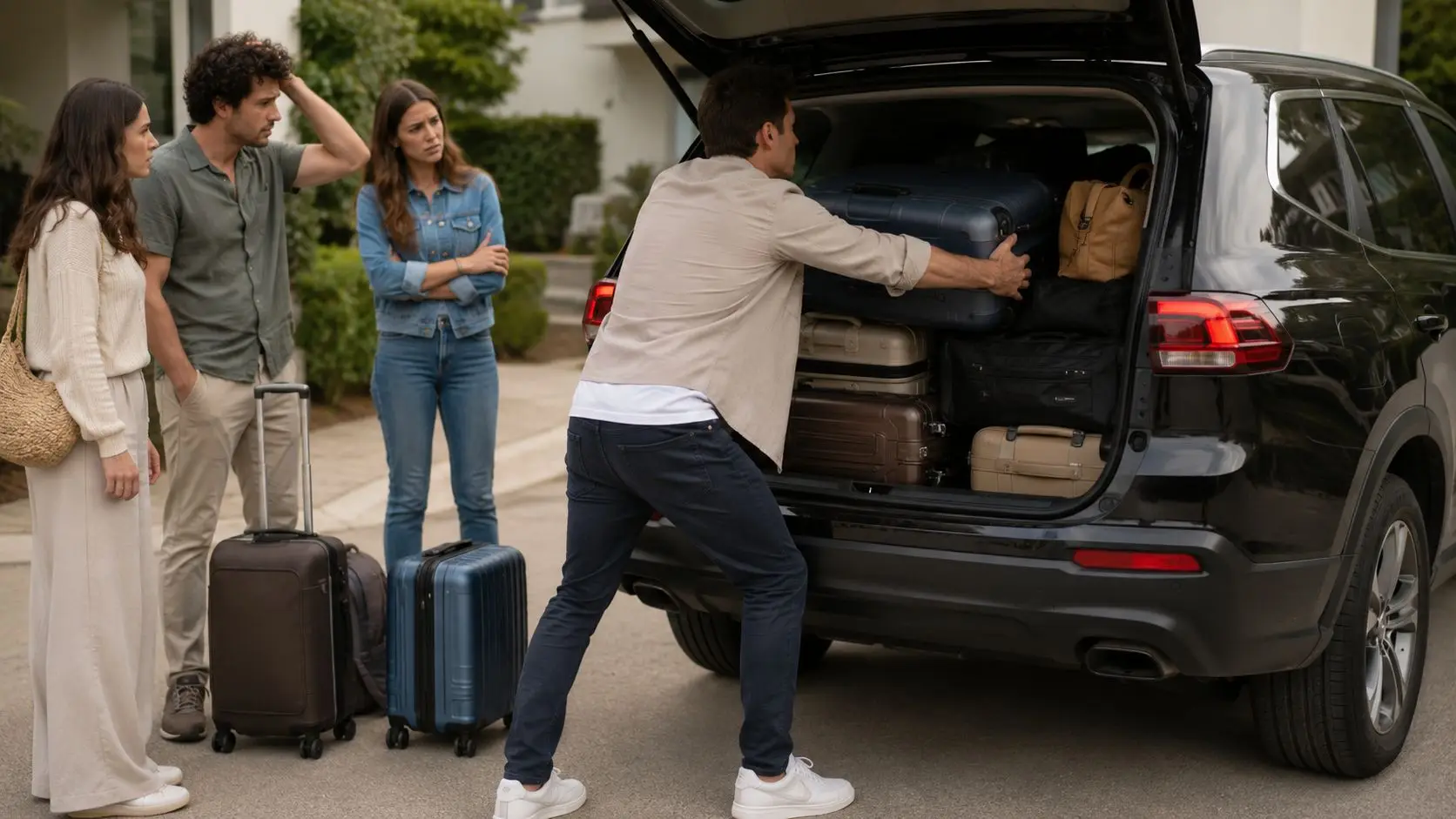 A man packs luggage into the trunk of a car while three people watch with concerned expressions.