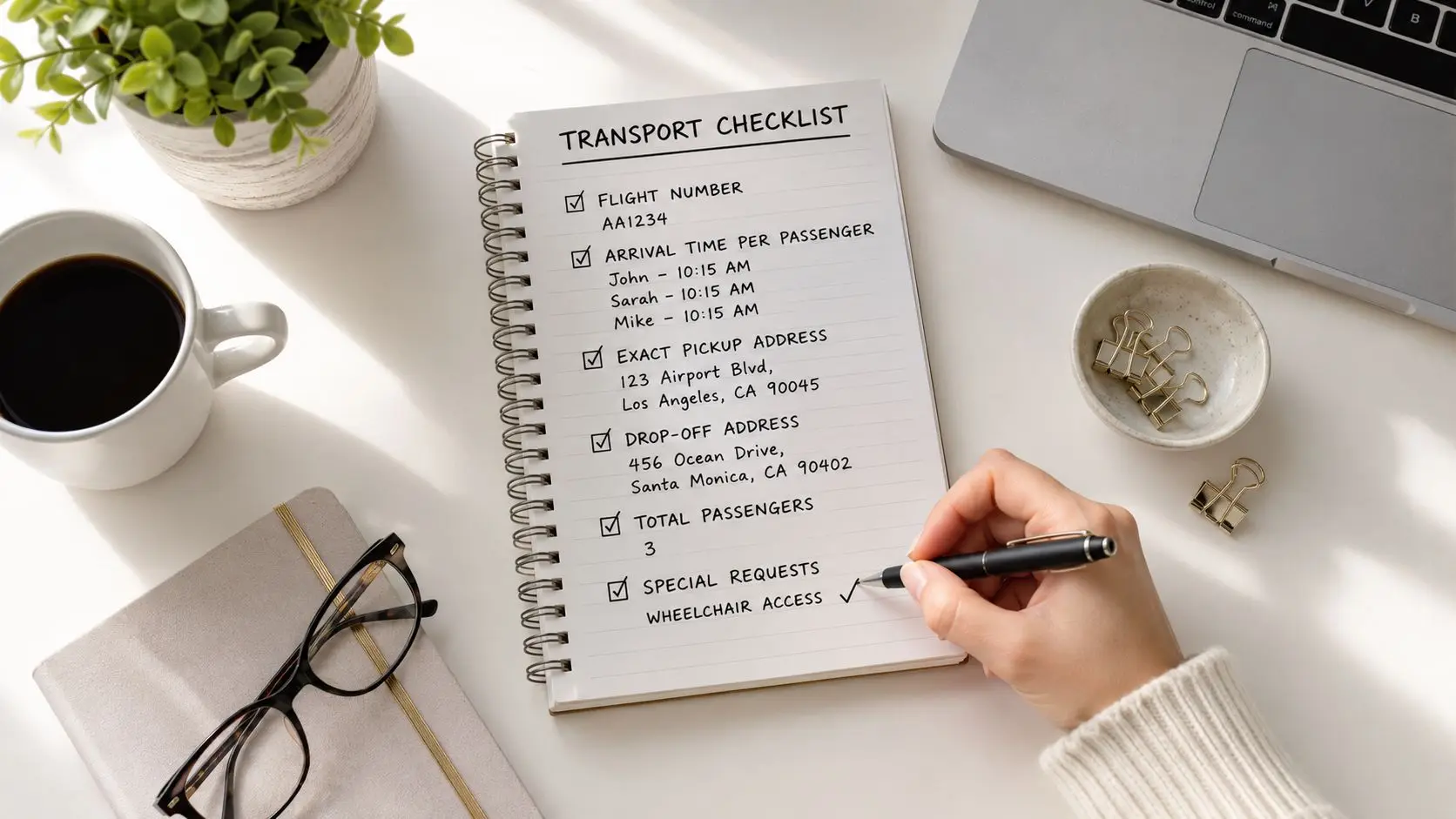 A person writing on a transport checklist in a spiral notebook on a desk with office supplies.