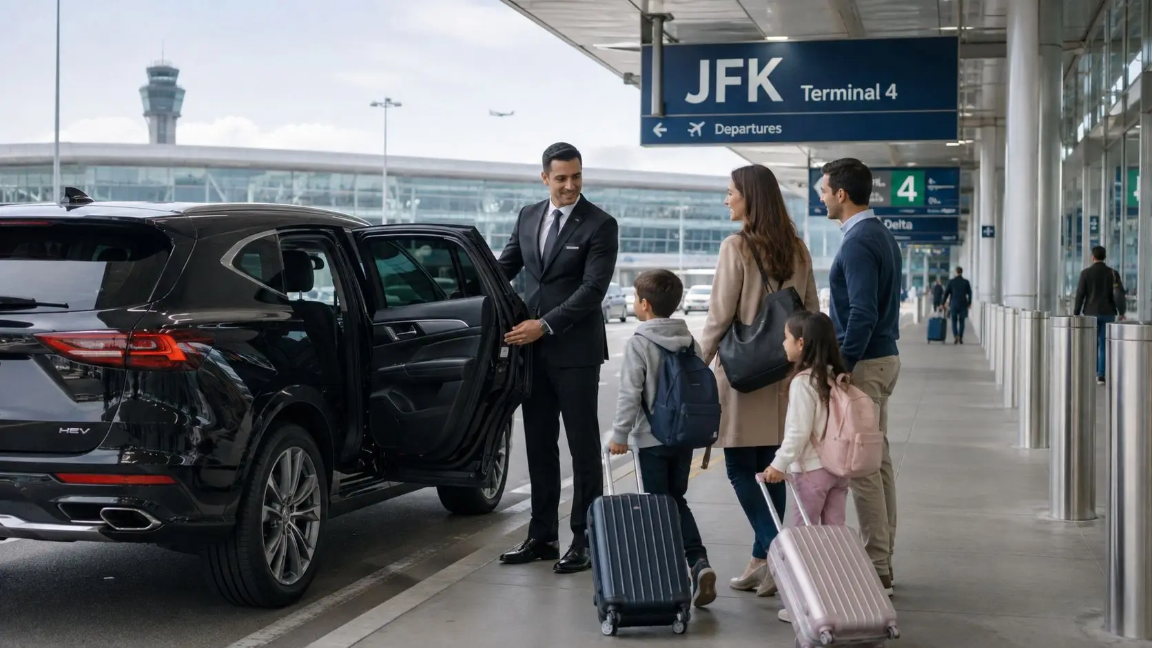 A professional chauffeur opens the car door for a family arriving at JFK Airport Terminal 4.