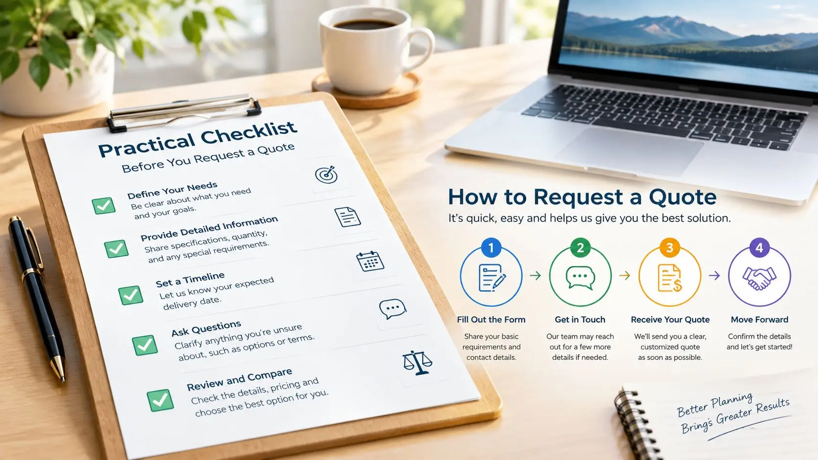 A checklist and a four-step guide on how to request a professional project quote on a desk.