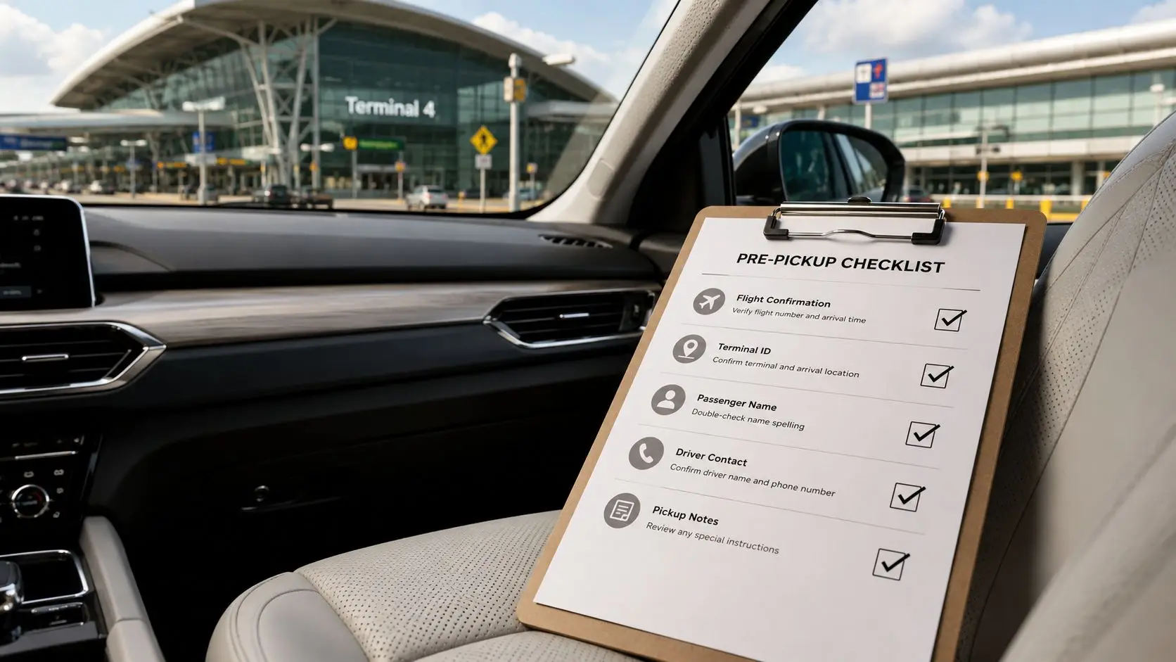 A pre-pickup checklist rests on a car seat at an airport terminal entrance, ready for passenger arrival.
