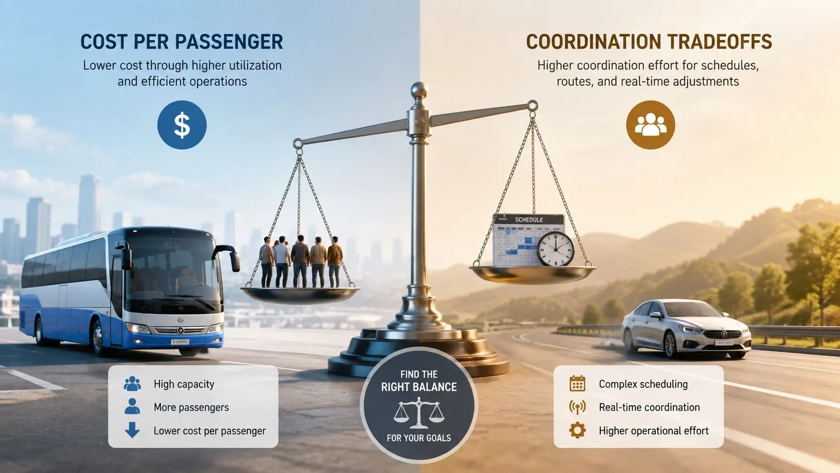 A graphic depicting the balance between low cost per passenger via bus transport and high coordination efforts.