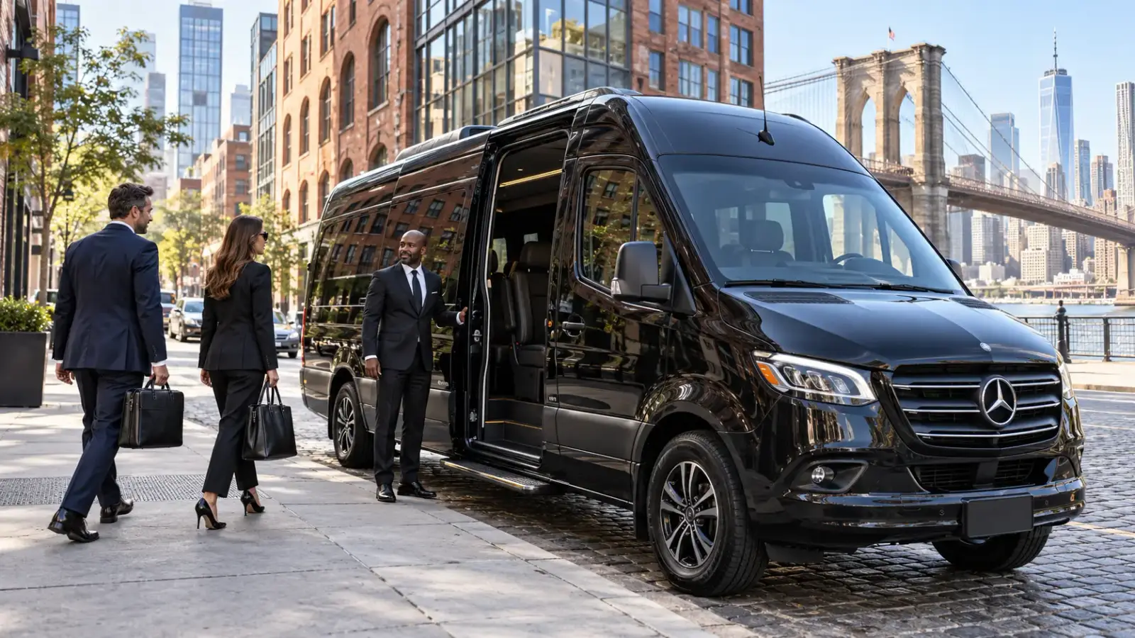 Black Sprinter van with a chauffeur and business travelers near the Brooklyn Bridge.