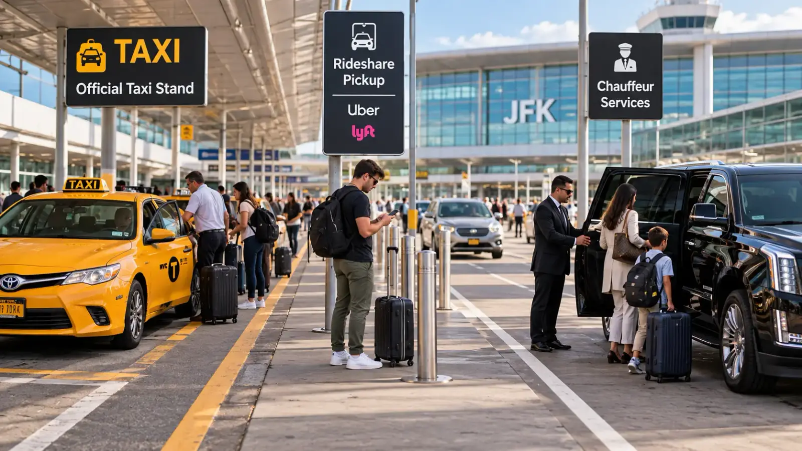 Comparing taxi, Uber, and private car pickup options at JFK Airport terminals