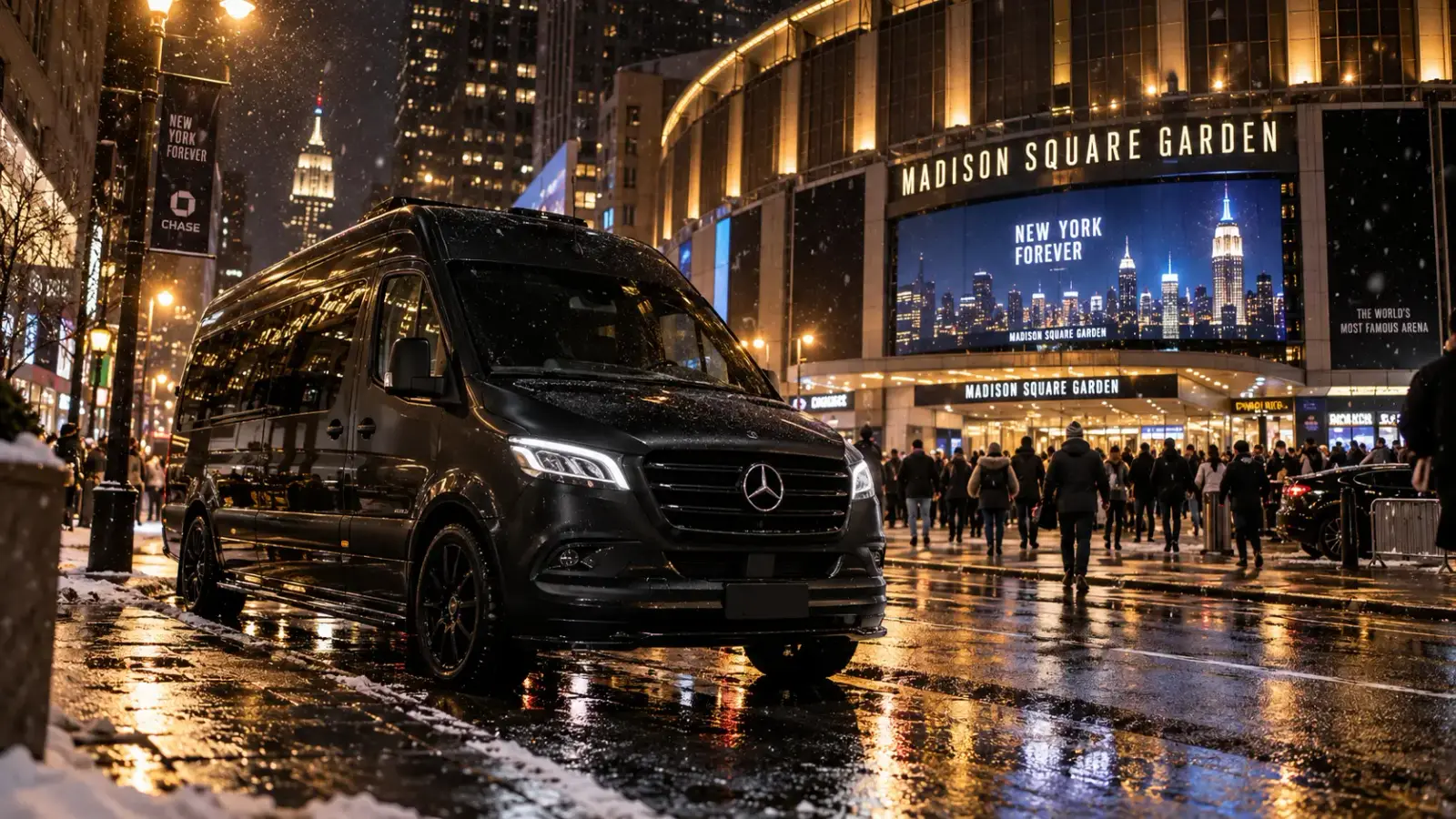 Black Mercedes Sprinter van outside Madison Square Garden at night — sports and concert transportation in NYC