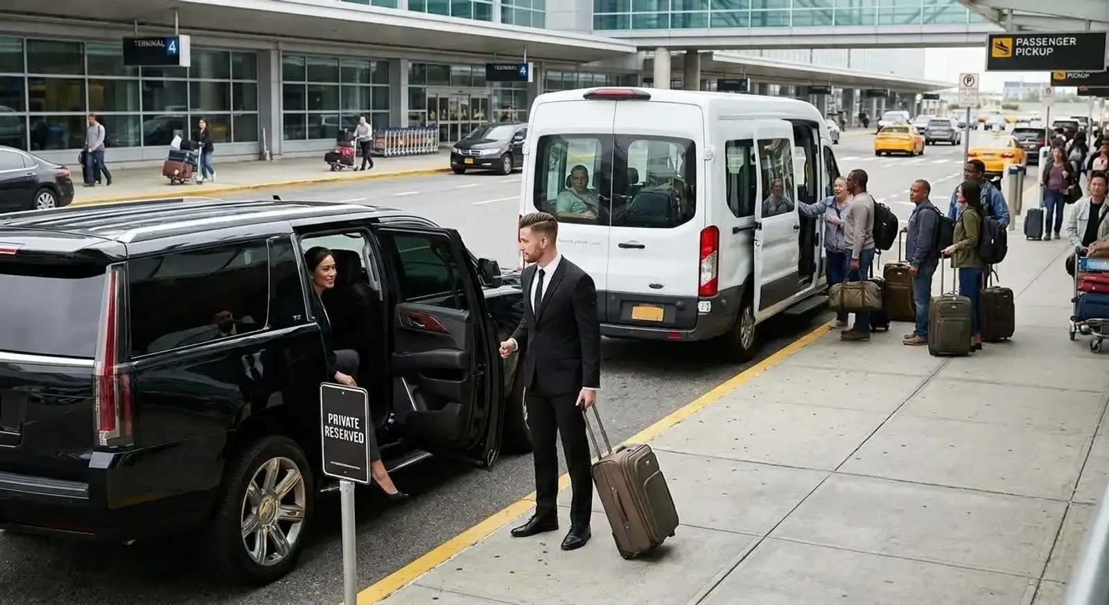 Private JFK airport chauffeur service with a professional driver assisting a passenger beside a black luxury SUV.
