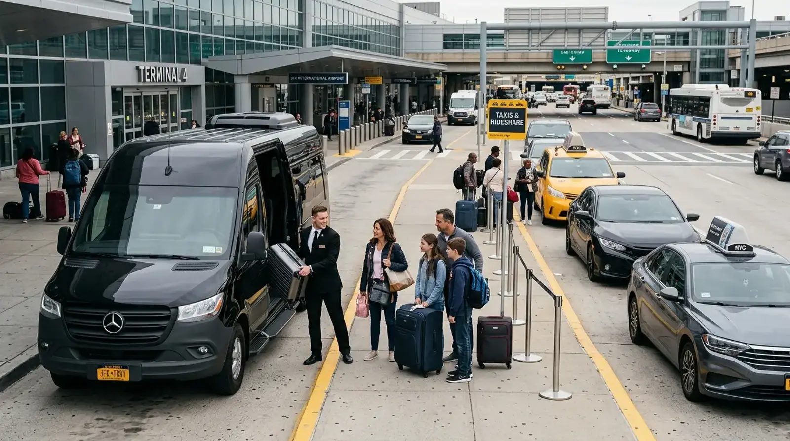 JFK airport chauffeur service with a professional driver assisting passengers with luggage beside a private luxury van.