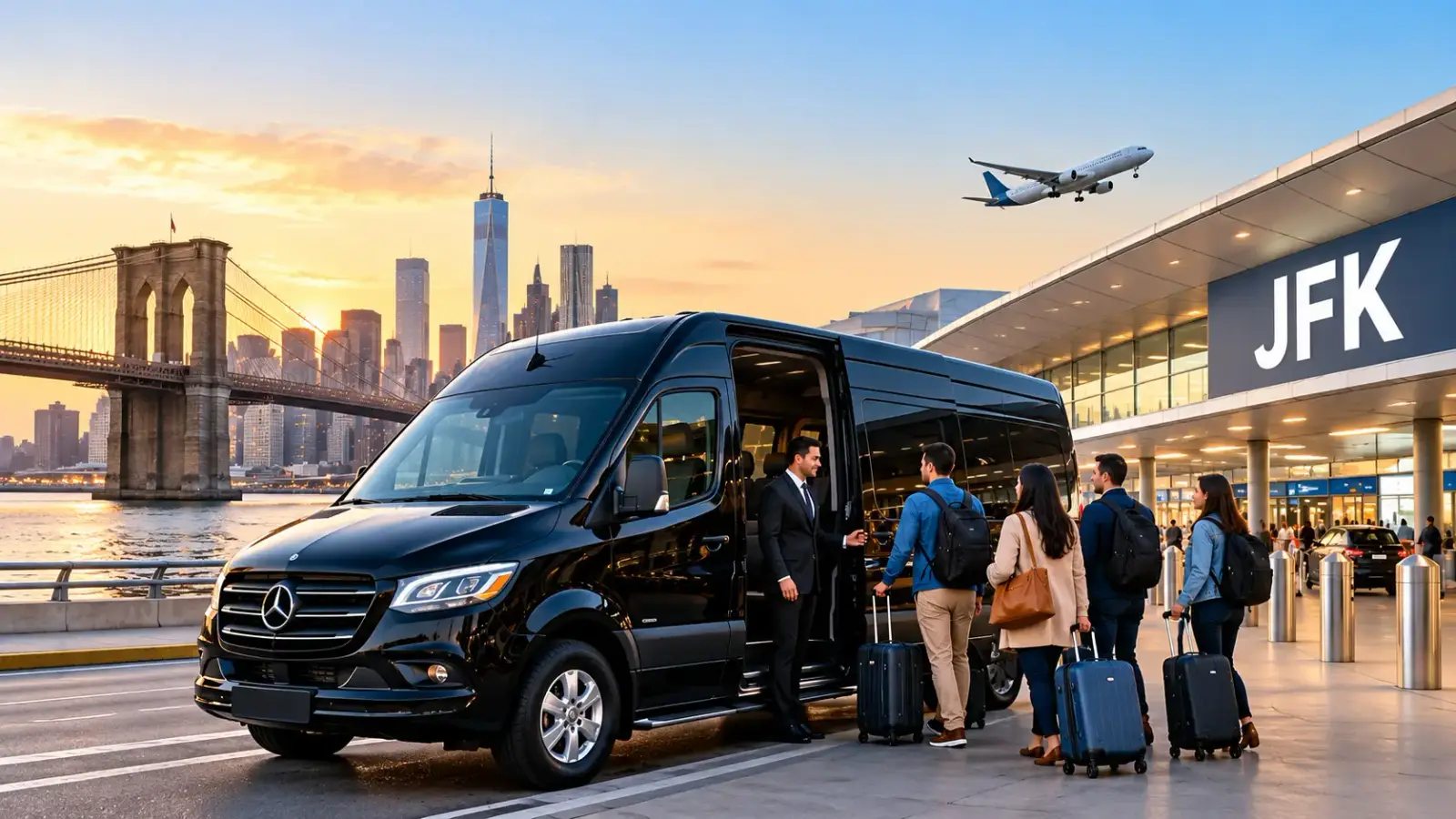 Black Mercedes-Benz Sprinter van with chauffeur and passengers at JFK Airport for Brooklyn to JFK group transportation.