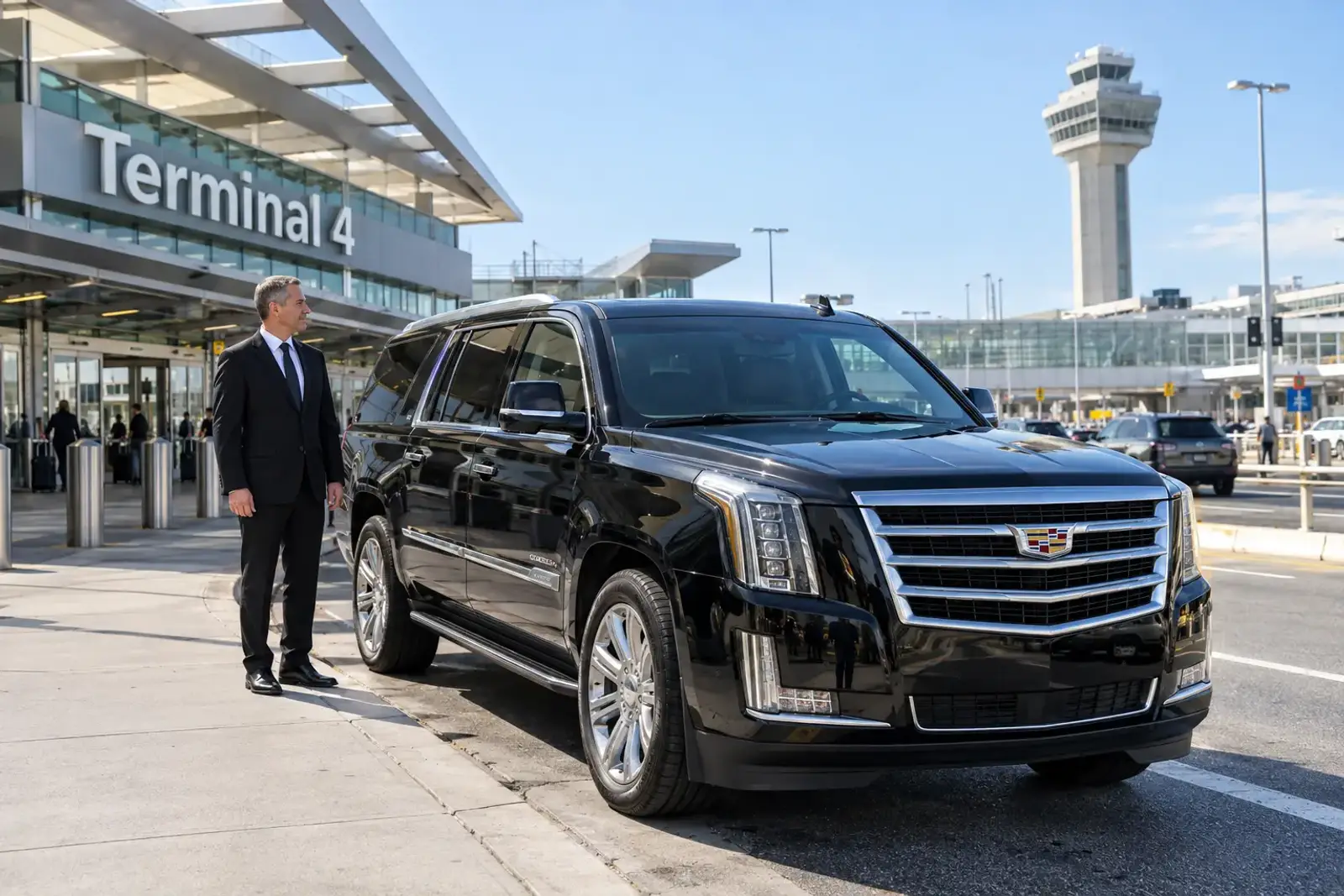 Black Cadillac Escalade with chauffeur waiting outside JFK Airport Terminal 4