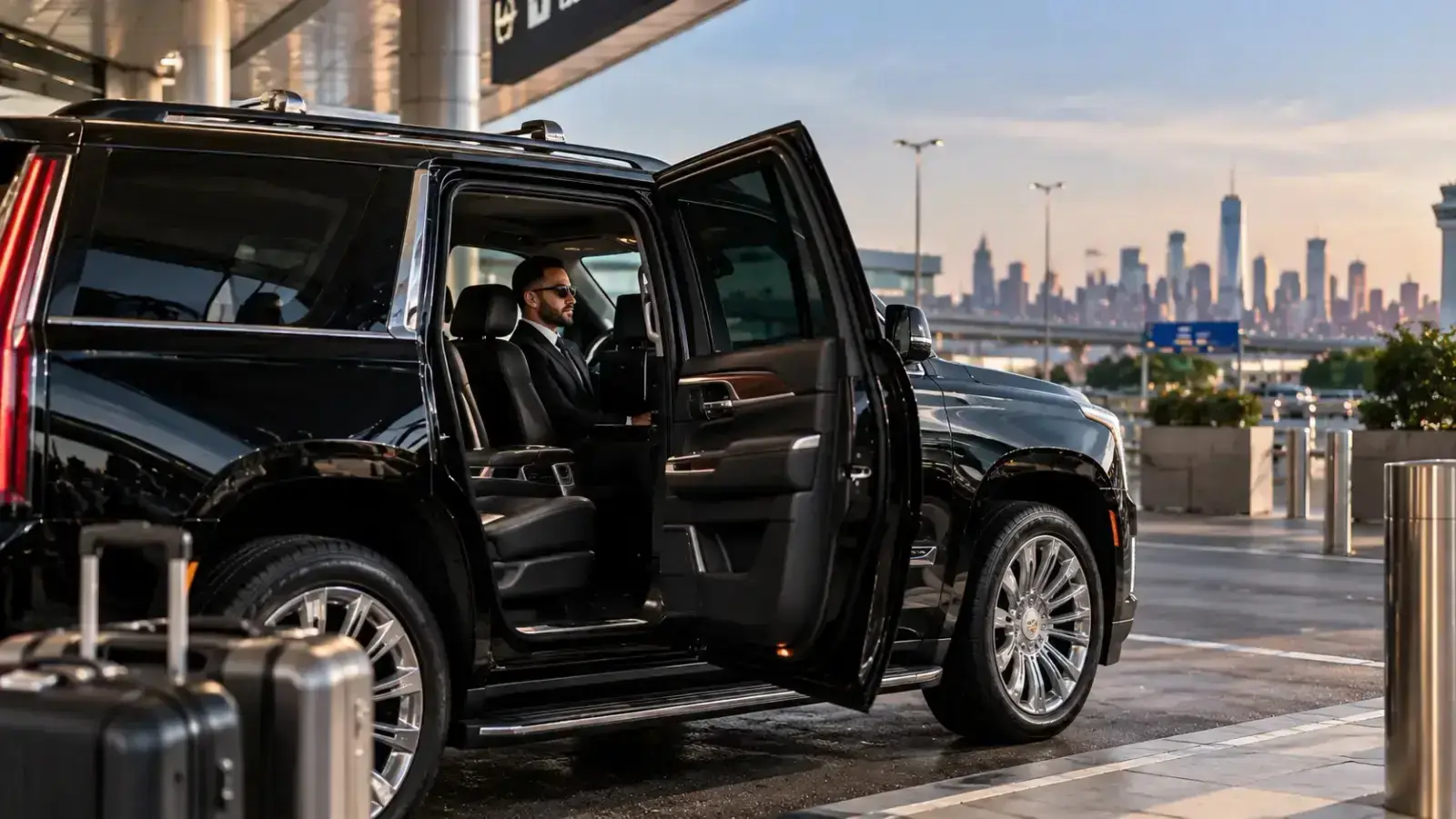 Luxury Cadillac Escalade with chauffeur for JFK Airport to Manhattan transfer.