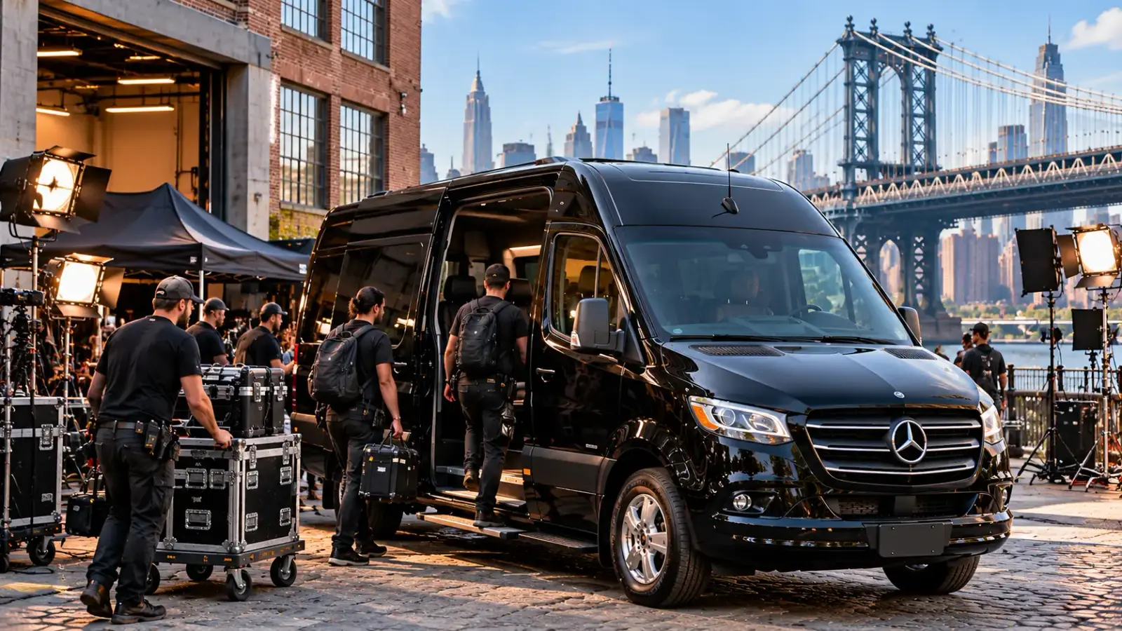 Black Mercedes-Benz Sprinter van providing film crew transportation on a Brooklyn NYC production set