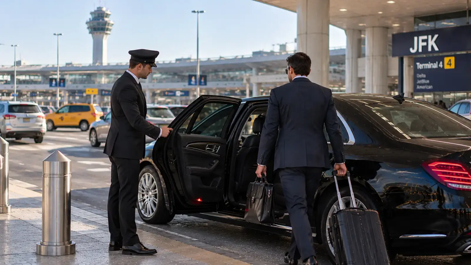 First-class JFK airport transfer with a professional chauffeur opening a luxury black sedan door for a business traveler