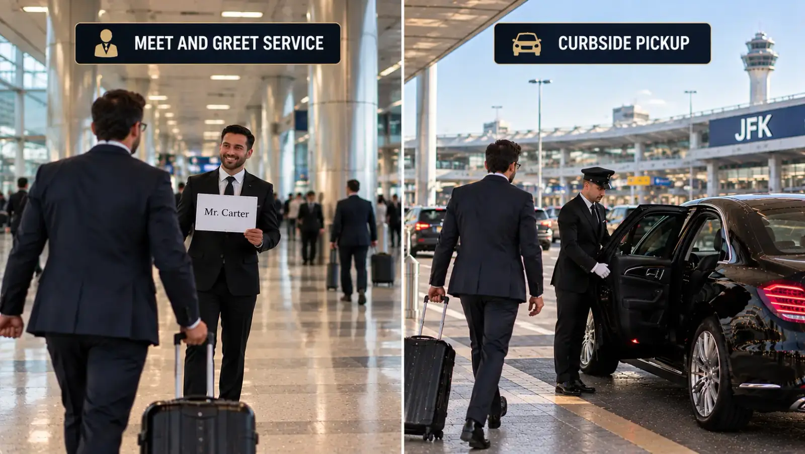 JFK Airport meet and greet vs curbside pickup showing professional chauffeurs welcoming travelers inside the terminal and beside a luxury black car