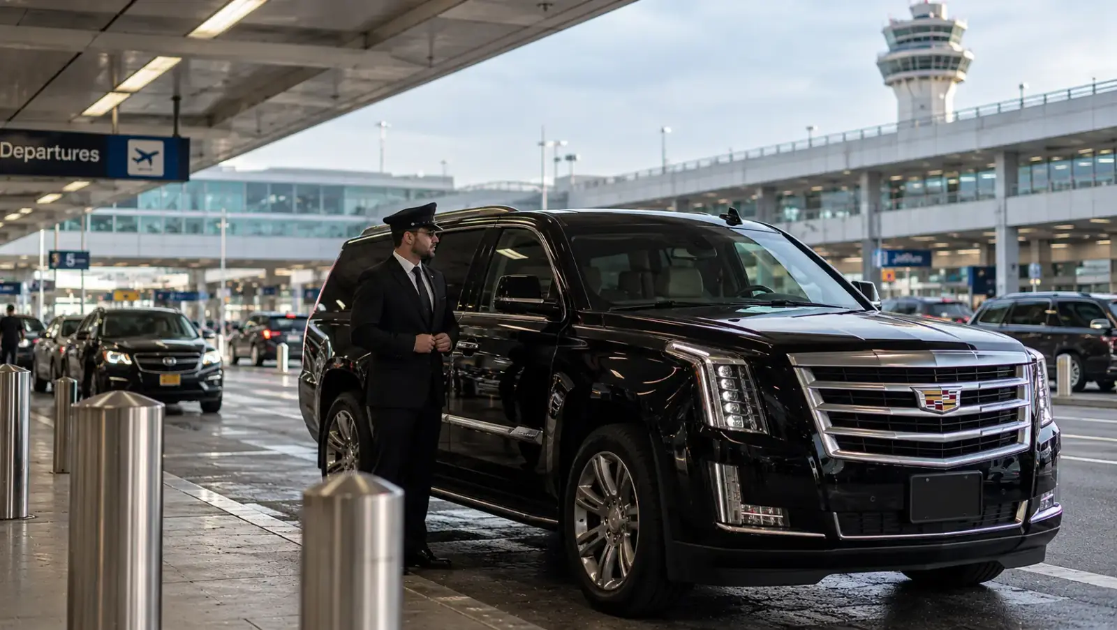 Professional JFK Black Car Service chauffeur standing beside a luxury black Cadillac Escalade SUV at the airport terminal