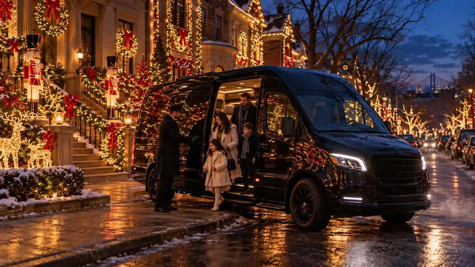 A black luxury Sprinter van parked on a Brooklyn residential street at dusk, with a chauffeur helping a family exit beside beautifully decorated homes glowing with Christmas lights, illuminated reindeer, and nutcrackers.