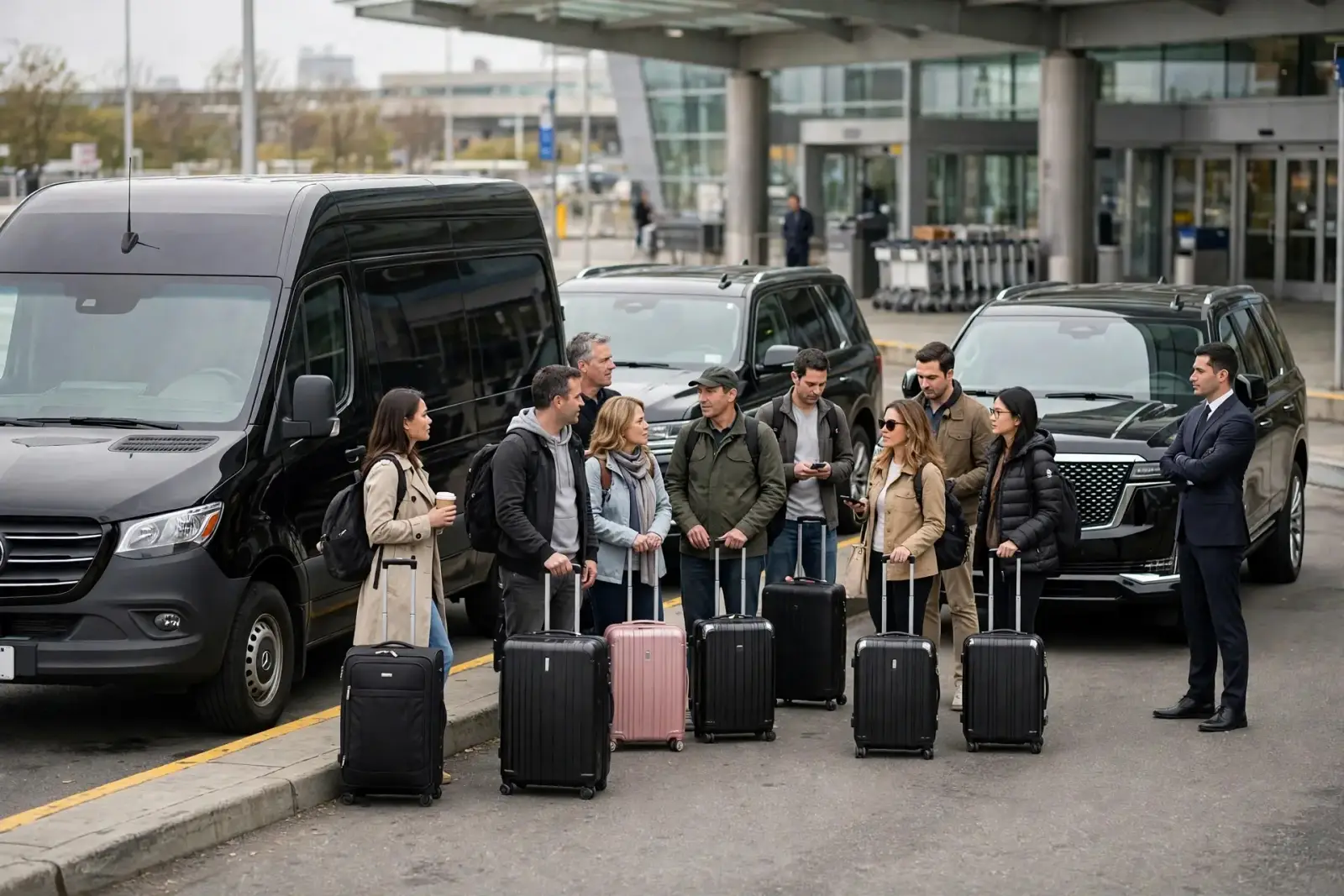 JFK group transfer: travelers with luggage beside a Mercedes Sprinter van and two luxury SUVs at JFK Airport terminal
