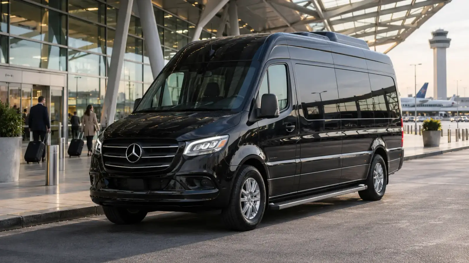 Luxury airport transfer van outside a New York airport terminal